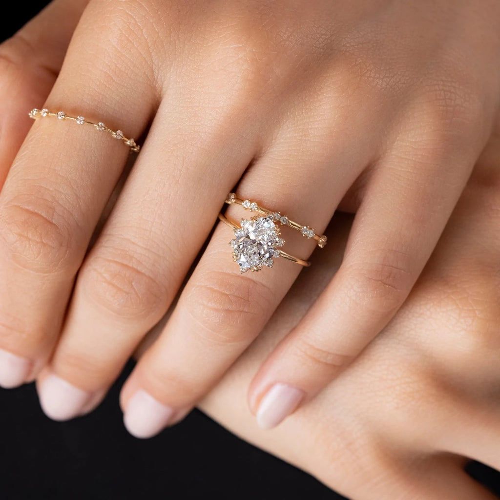 Solid Gold Threaded Ring with Halo, 2ct. Oval Cut Moissanite Diamond