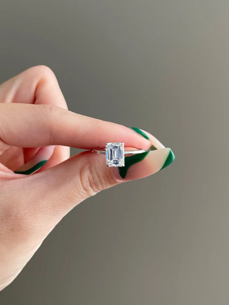 Solid Gold Engagement Ring 2 Carat Brilliant Emerald Cut Moissanite Hidden Halo