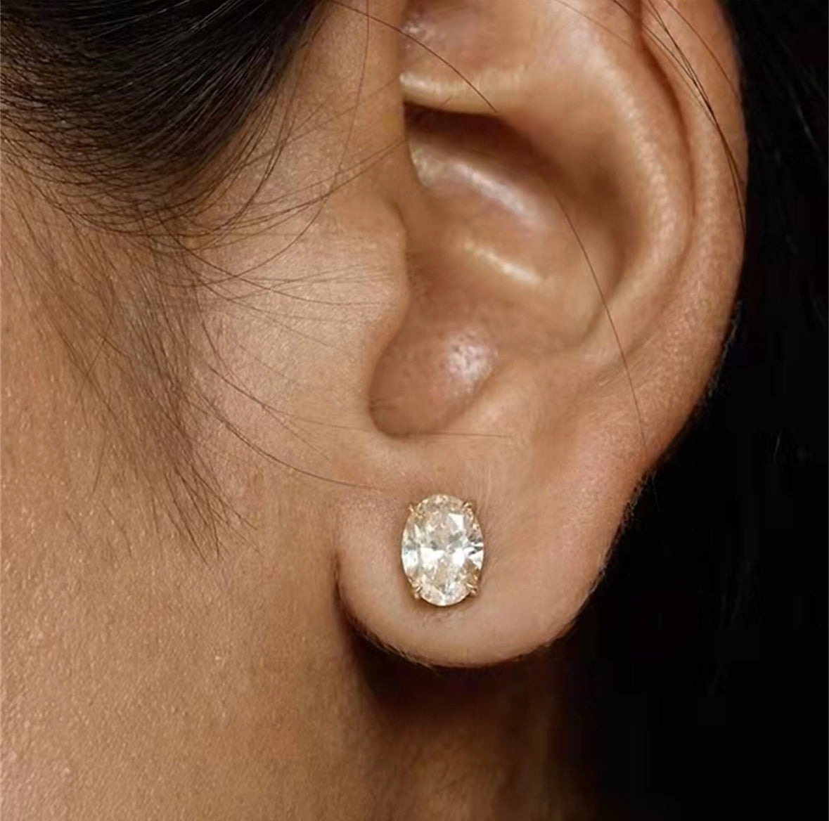 Solid Gold Oval Solitaire Studs , 0.75 Moissanite Diamond Studs