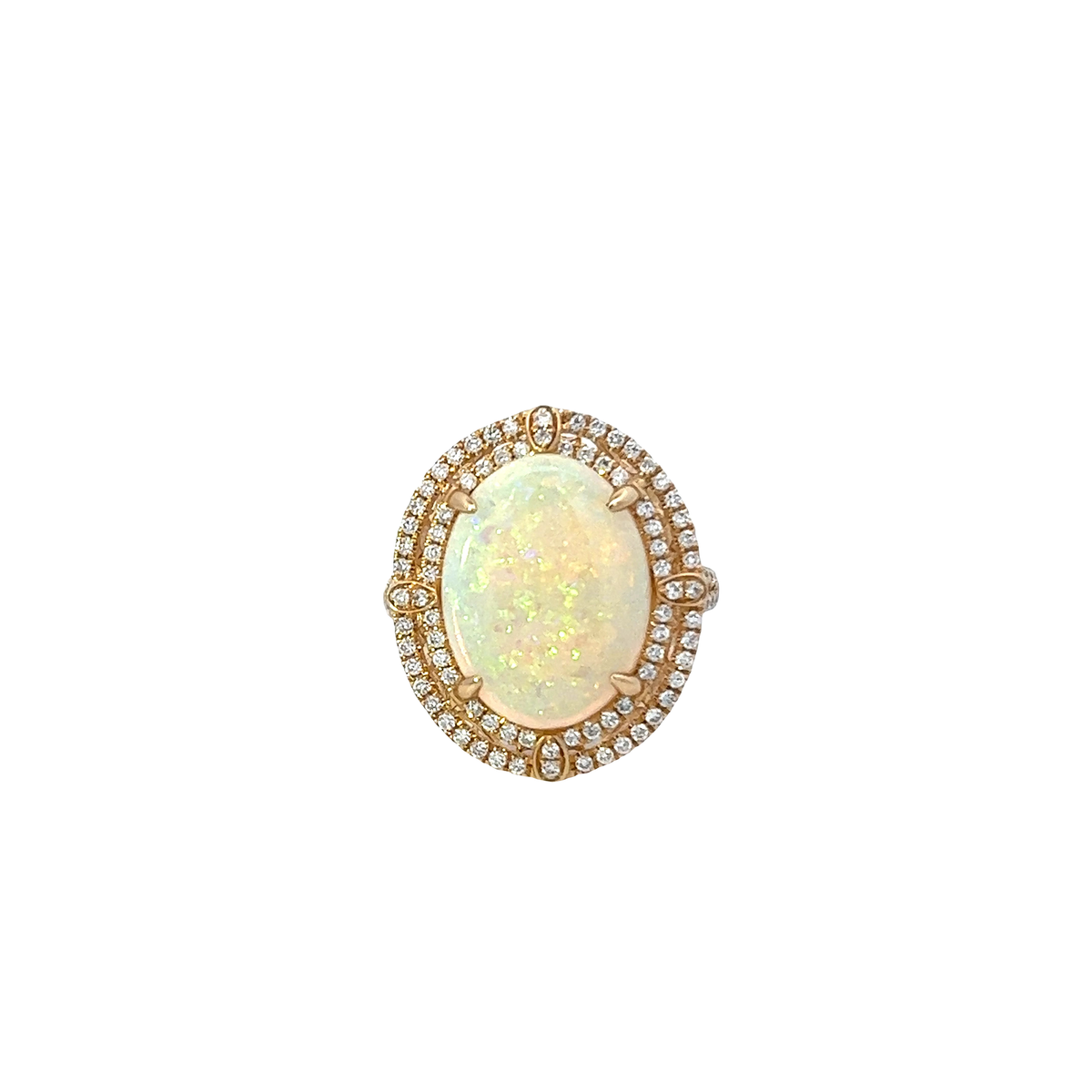 Solid Gold Large Oval Opal Set With Double Halo Ring