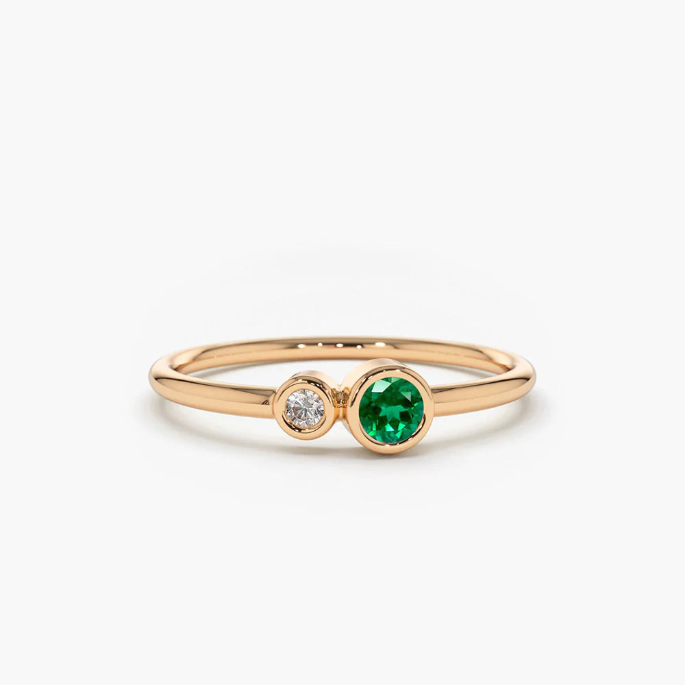 Solid Gold Bezel Setting Emerald and Diamond Ring