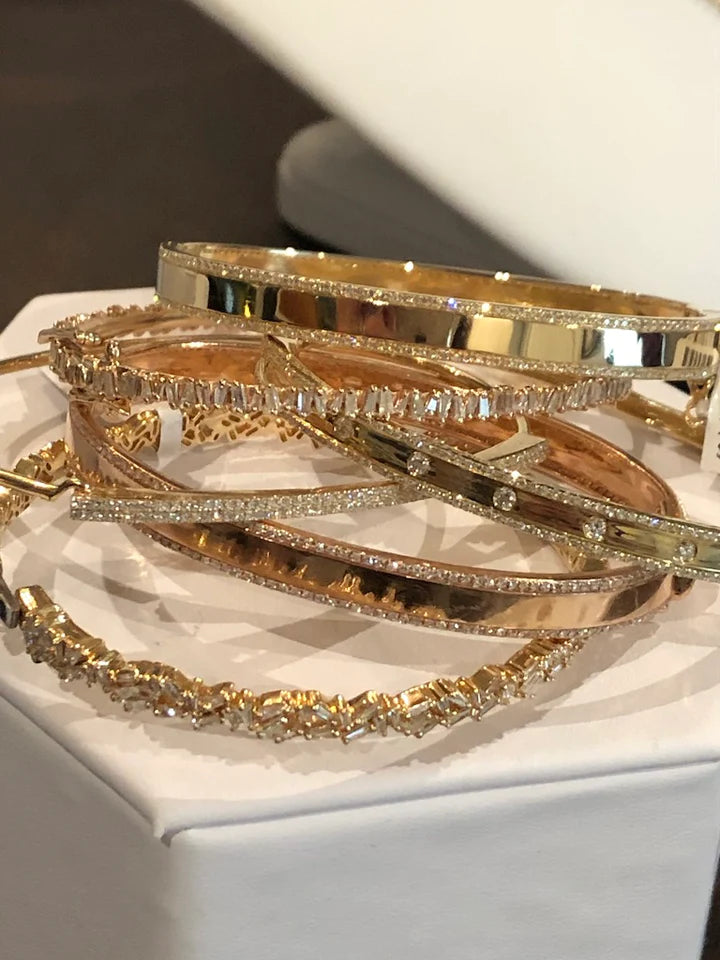 Solid Gold Diamond Cigar Band Bangle With Inset Diamonds