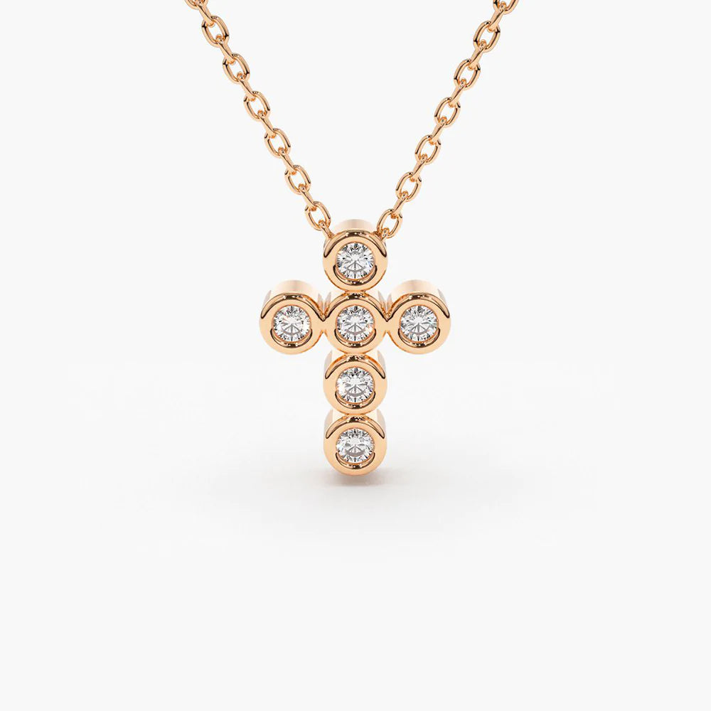 Solid Gold 6 Stone Bezel Setting Diamond Cross Necklace