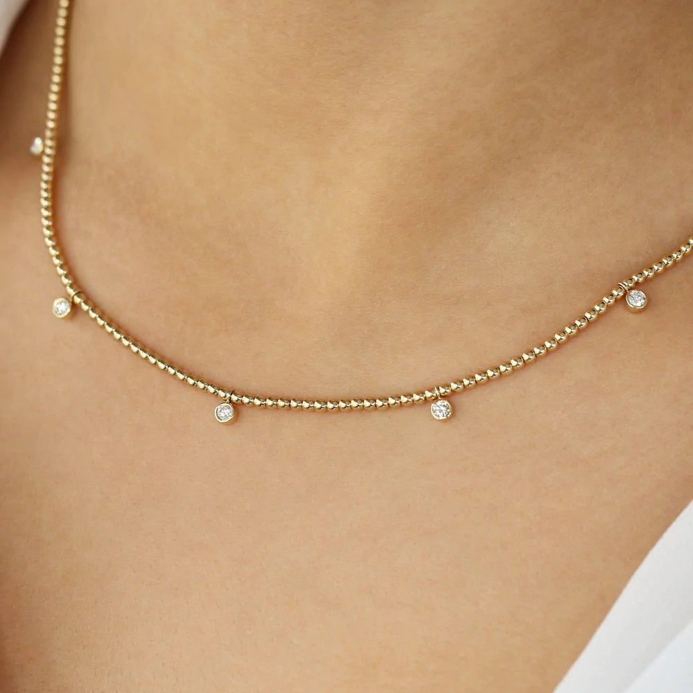 Solid Gold 2MM Bead Necklace with Dangling Bezel Setting Diamonds