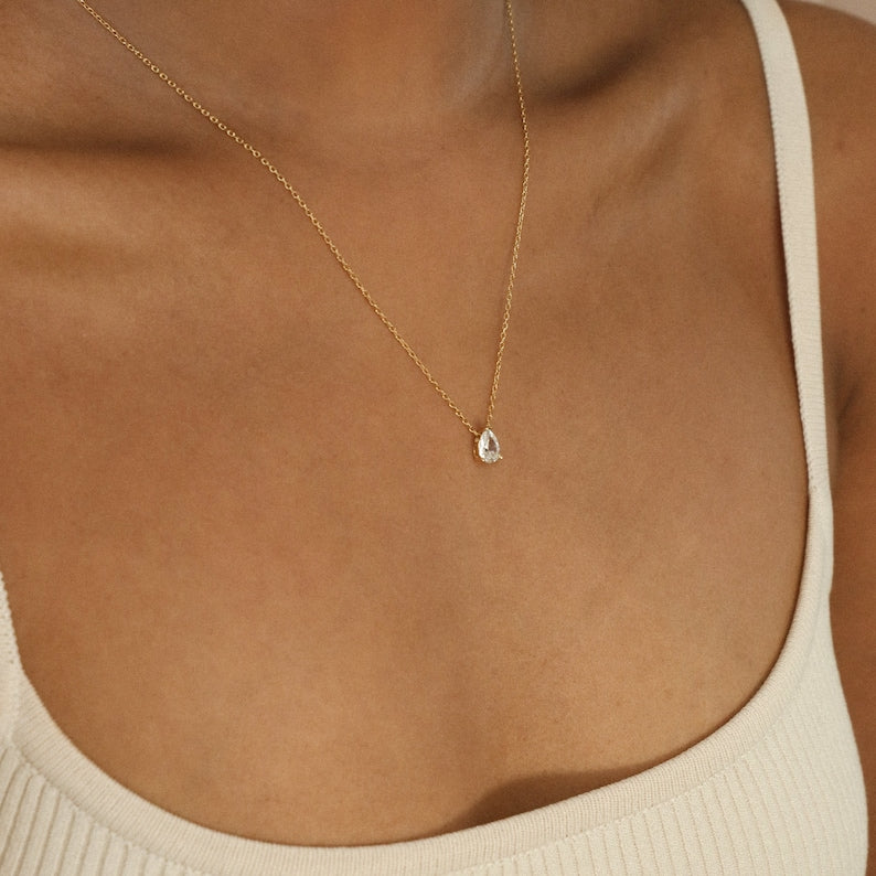 Solid Gold Minimalist Teardrop Diamond Gold Necklace