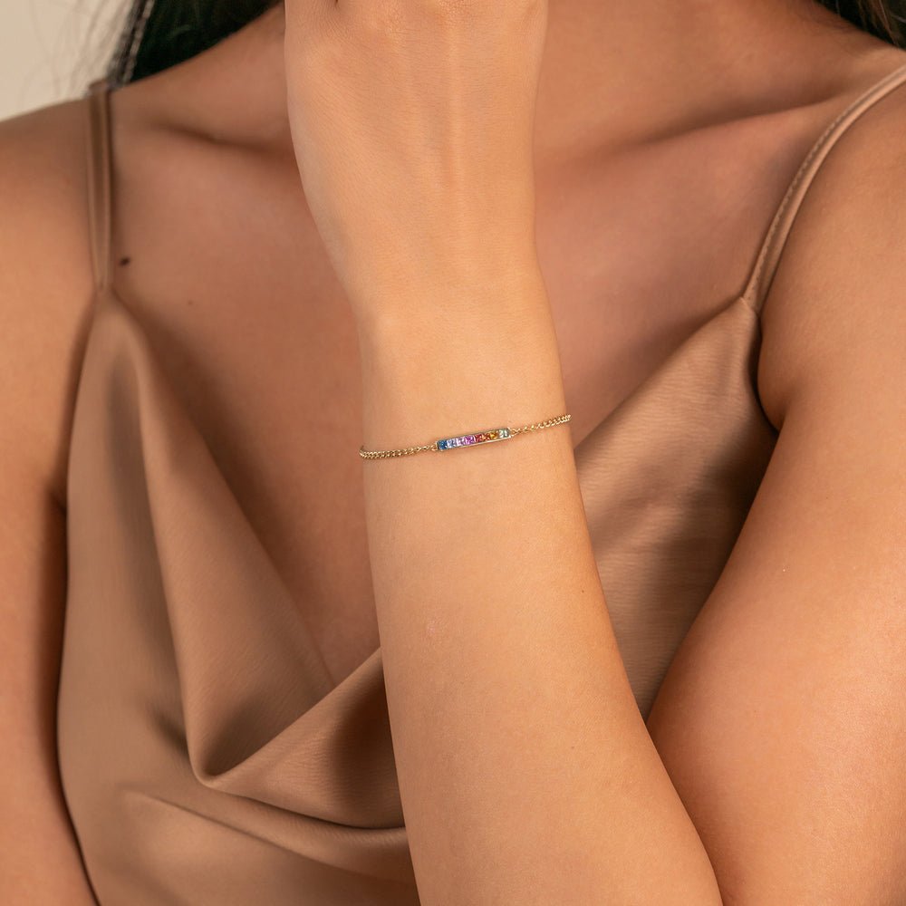 Solid Gold Rainbow Sapphire Cuban Chain Bar Bracelet (40E7BD)