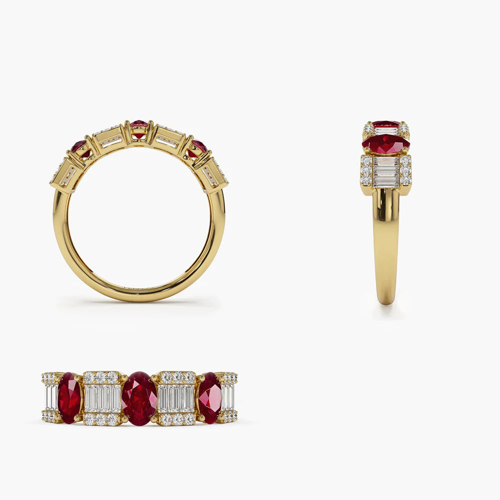 Solid Gold Baguette & Round Diamond with Genuine Ruby Ring