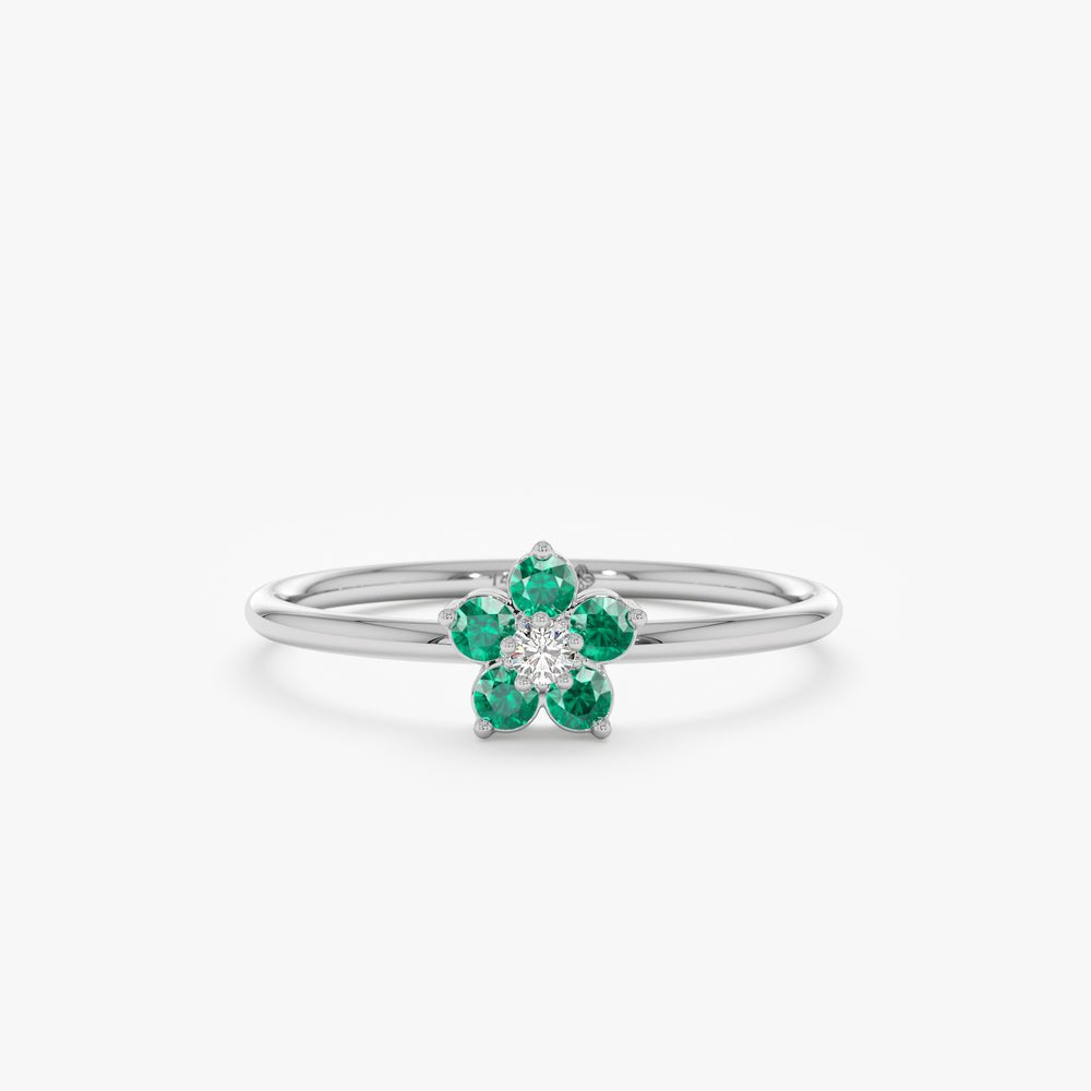 Solid Gold Emerald and Diamond Flower Ring (0C57DF)