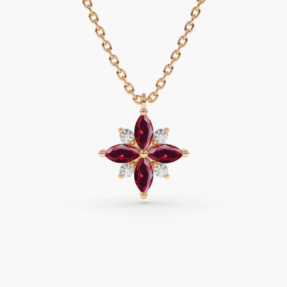 Solid Gold Floral Design Marquise Ruby and Diamond Pendant