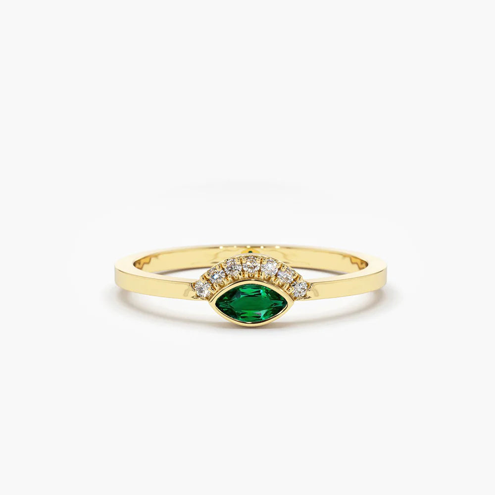 Solid Gold Marquise Emerald Eye Diamond Ring