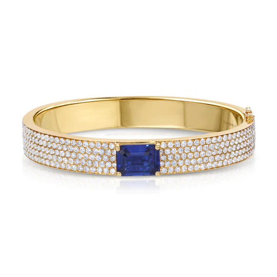 Solid Gold Pave Diamond Oval Bracelet With Emerald Cut Blue Sapphire Center