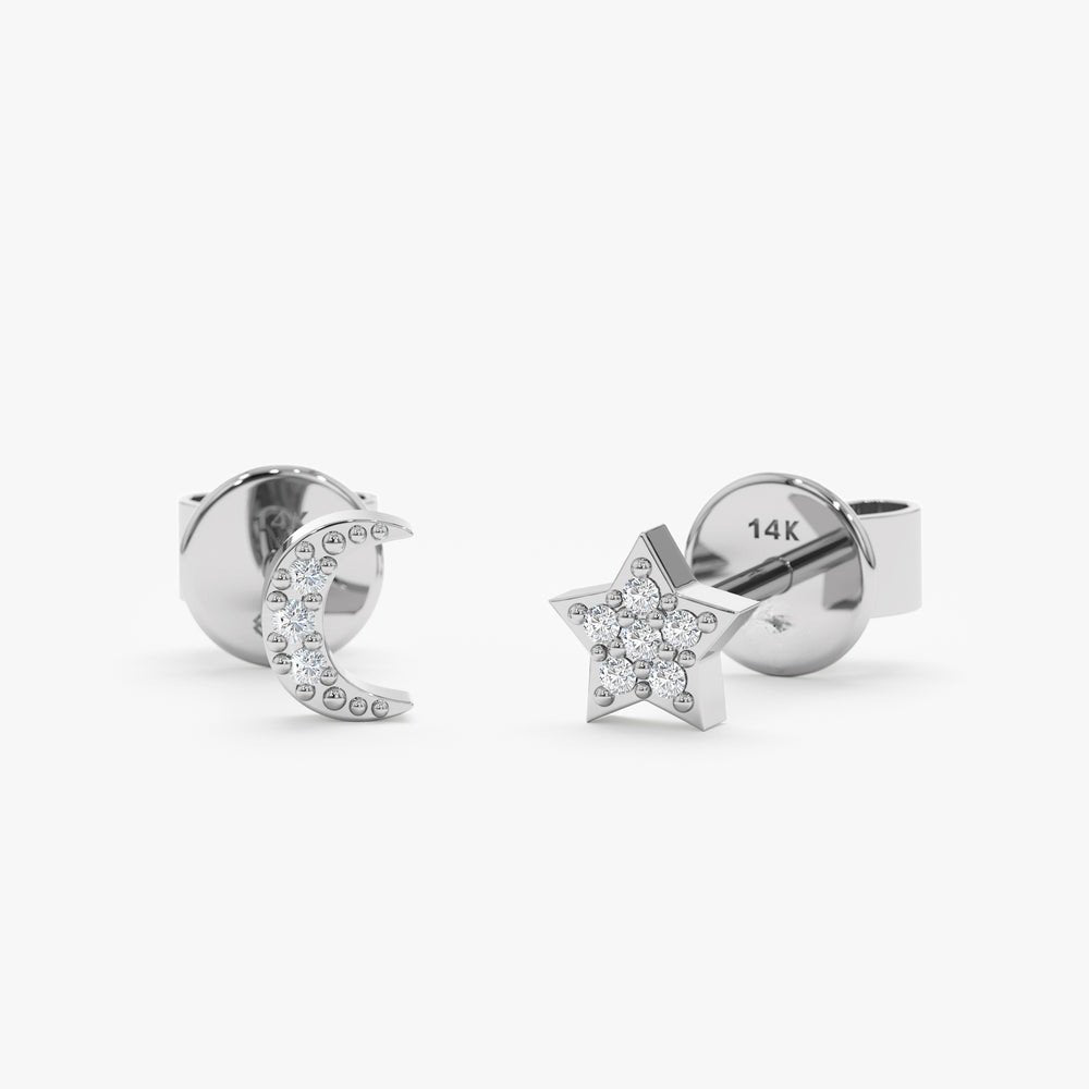 Solid Gold Diamond Moon and Star Studs