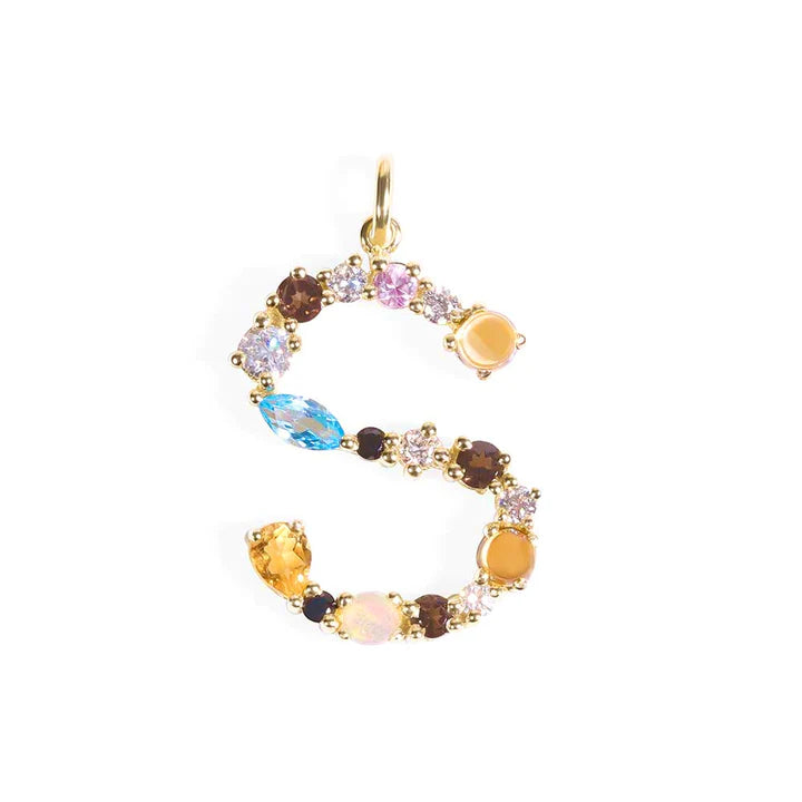 Solid Gold Mixed Gemstone Letter Charm