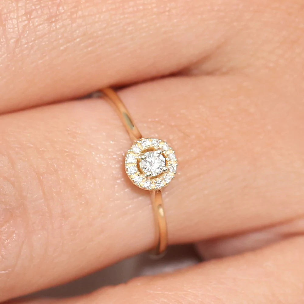 18K Solid Gold Halo Diamond Ring