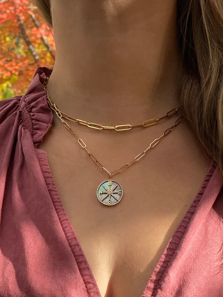 Solid Gold Diamond and Mother Of Pearl Compass Charm