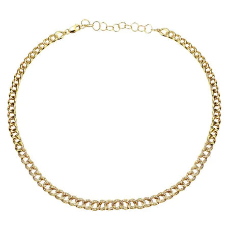 Solid Gold Half Diamond Cuban Link Necklace With Extender