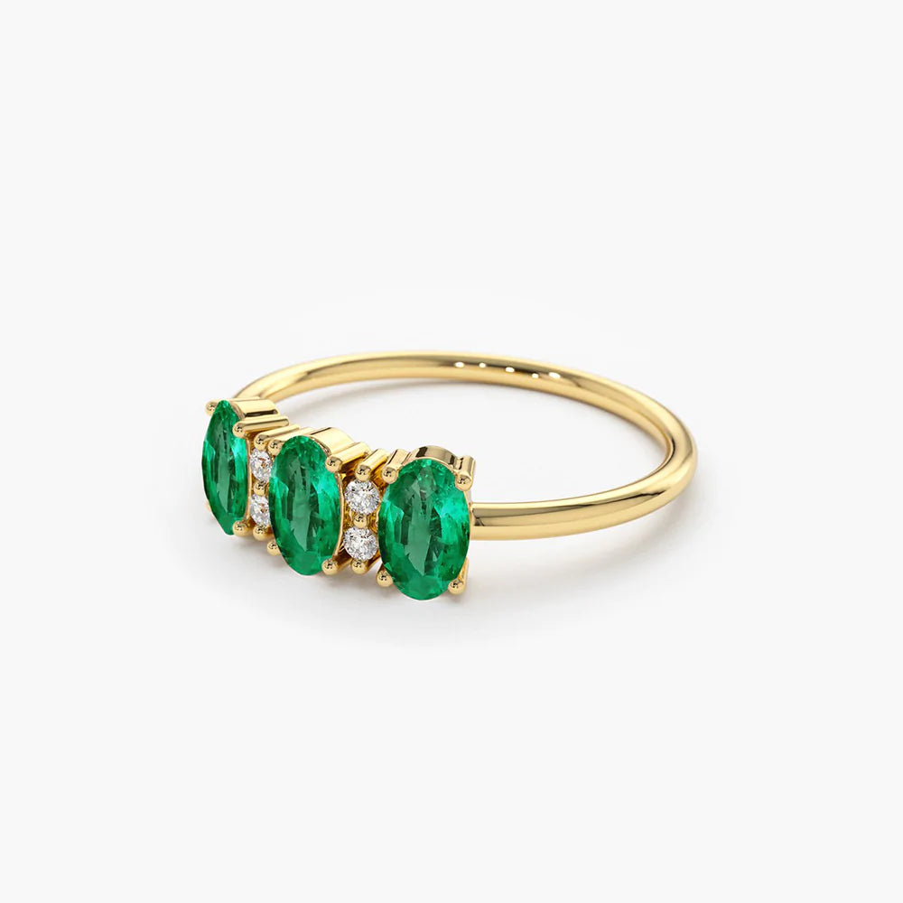 Solid Gold Triple Oval Emerald Diamond Ring