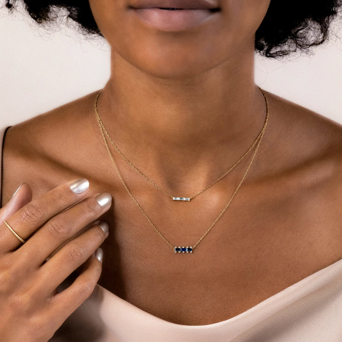 Solid Gold Inline Three-Stone Baguette Necklace