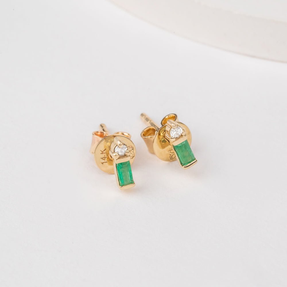 Solid Gold Baguette Emerald and Diamond Studs