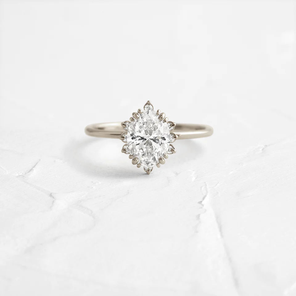 Solid Gold Threaded Ring with Halo, 1ct. Oval Cut Moissanite Diamond