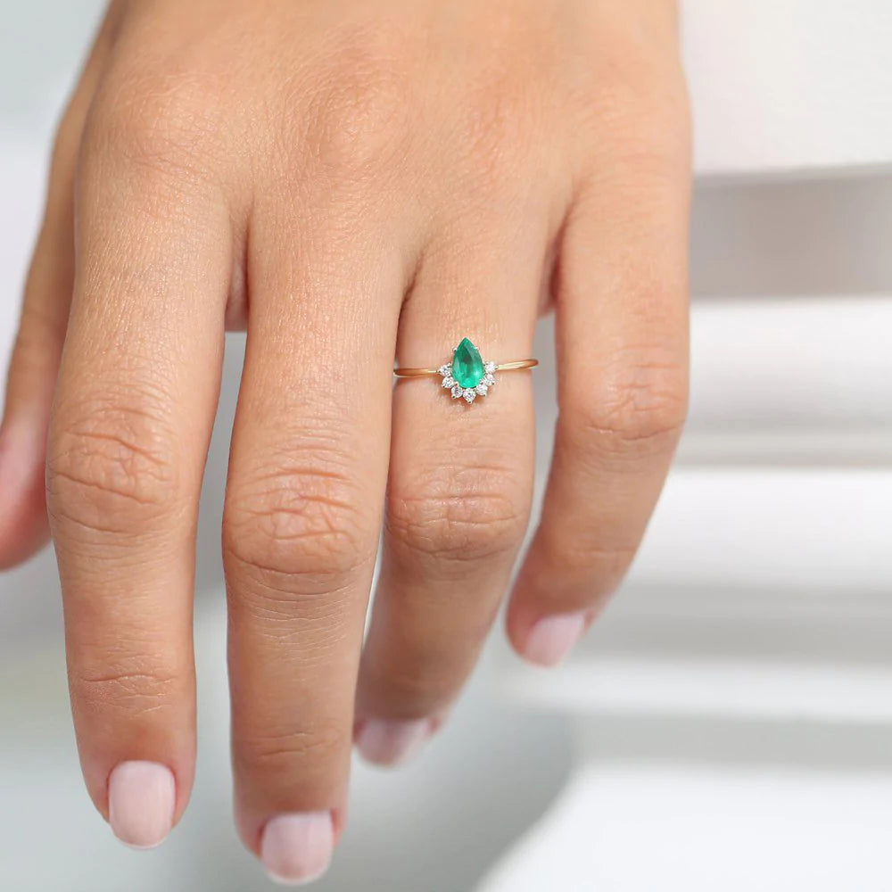 Solid Gold Pear Shape Emerald Engagement Ring