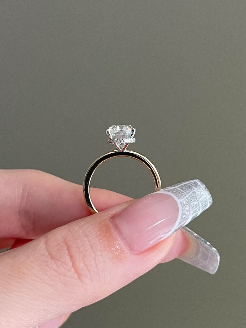 Solid Gold Engagement ring 3 CT Oval Moissanite Halo Invisible Wrap Solitaire