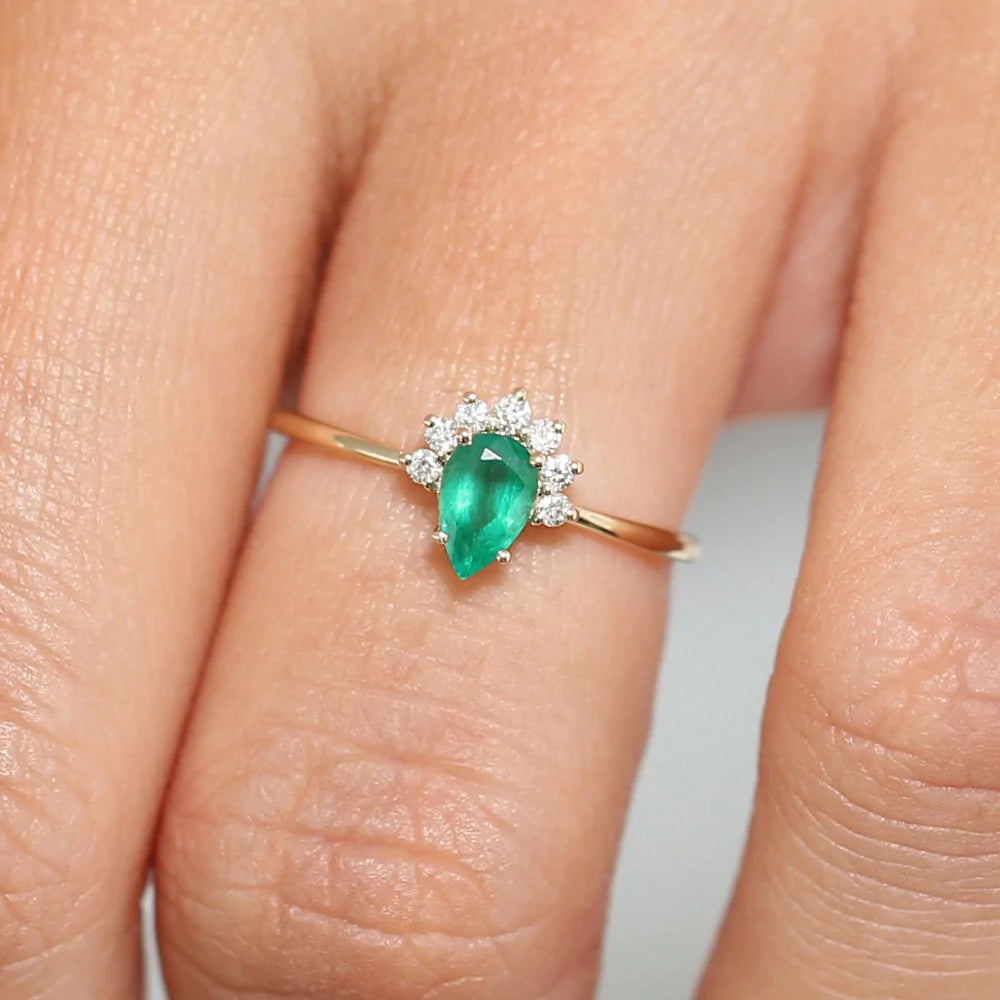 Solid Gold Pear Shape Emerald Engagement Ring