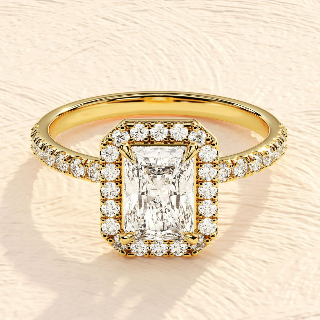 Solid Gold 3 CT Lab Grown Emerald Cut Halo Engagement Ring