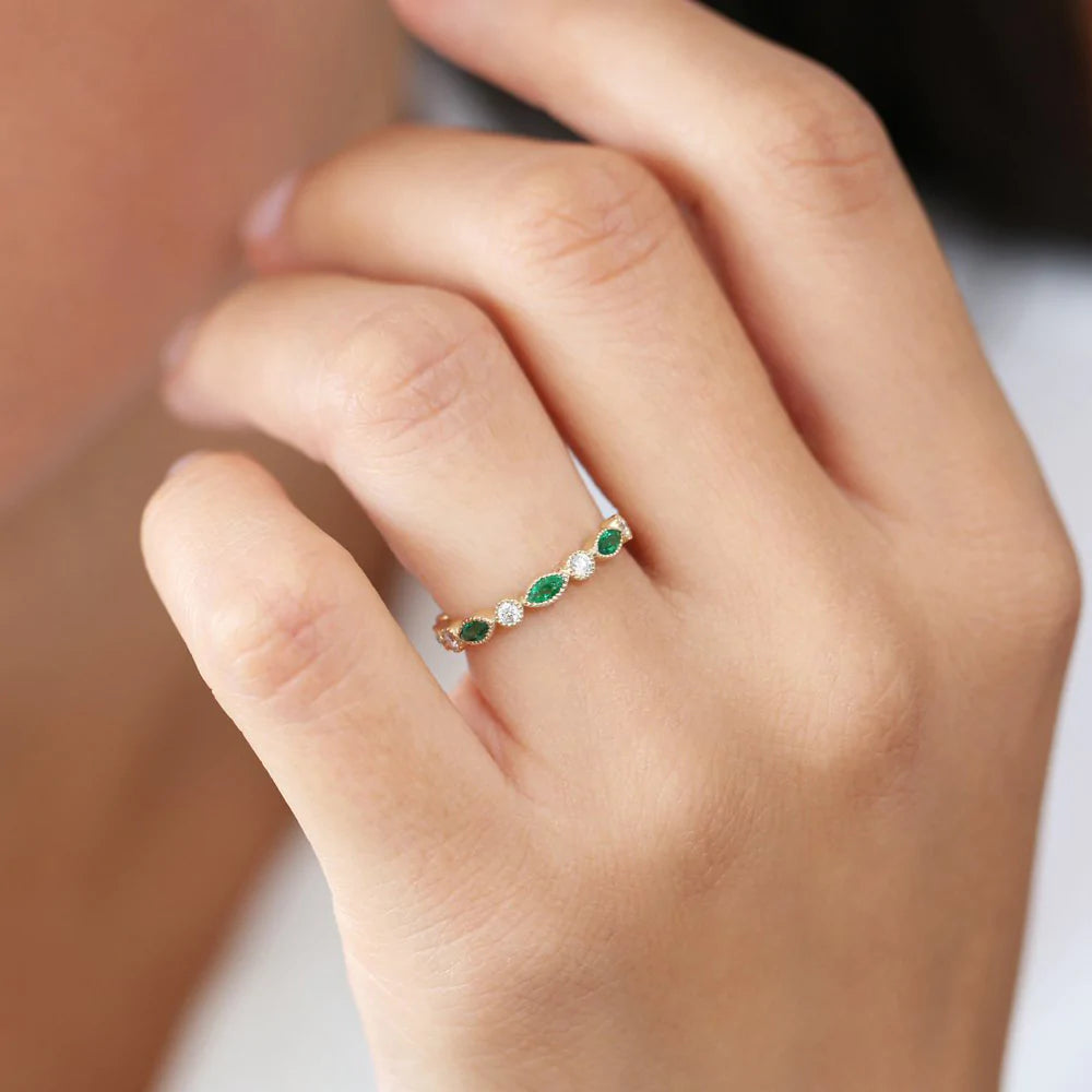Marquise Emerald and Moissanite Wedding Band, photo 6