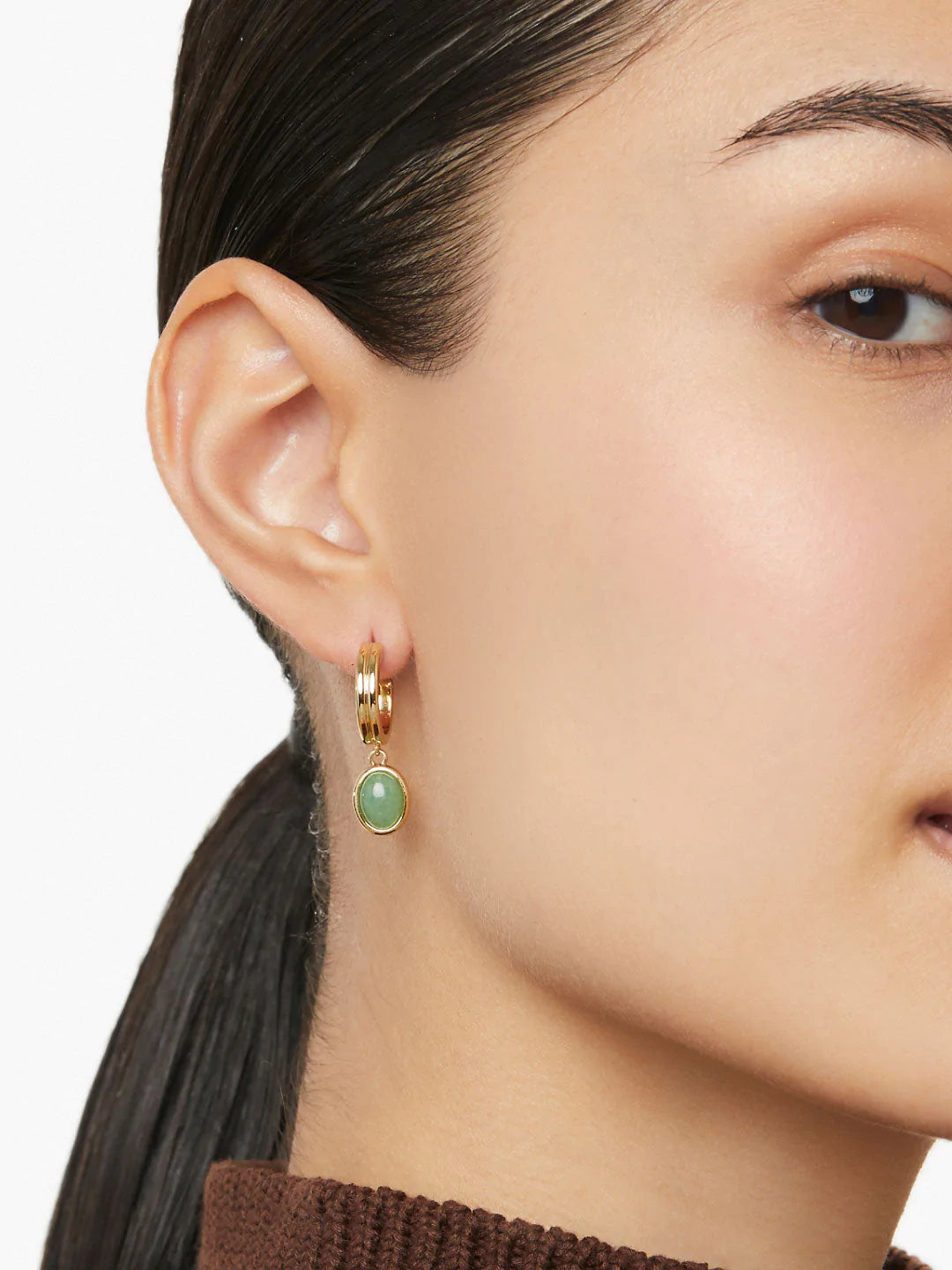 Solid Gold Oval Cut Jade Hoop Earrings