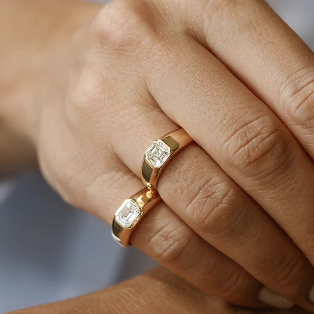 Solid Gold Asscher Cut Illusion Mosaic Solitaire Pinky Ring