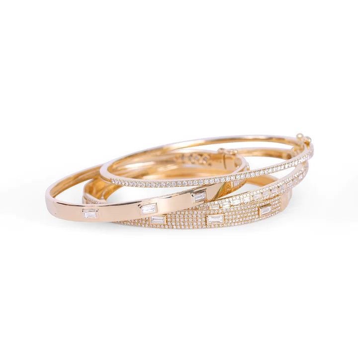 Solid Gold Diamond Cigar Band Bangle With Inset Baguette Diamonds