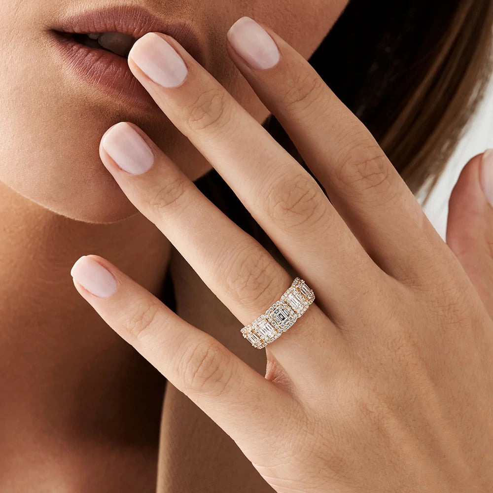 Solid Gold Baguette and Round Halo Diamond Ring