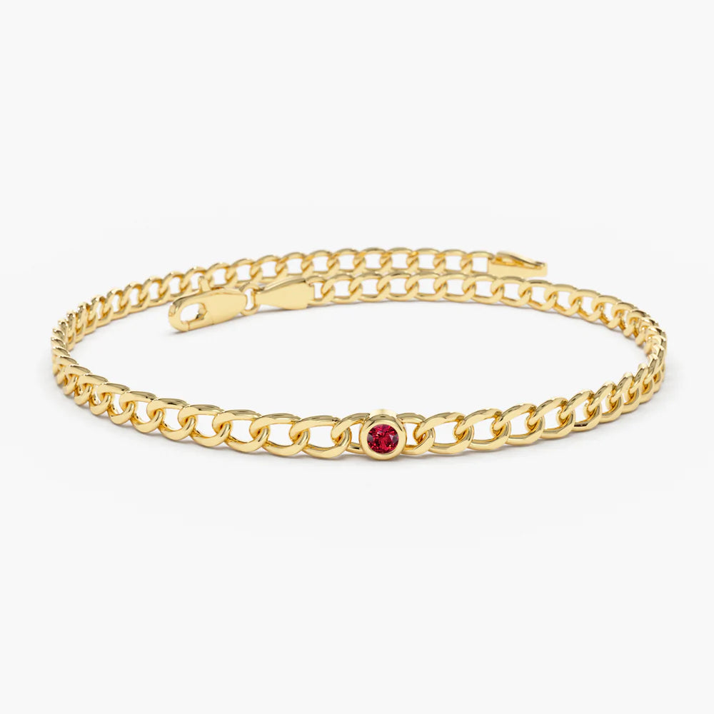Solid Gold Cuban Link Bracelet w/ Bezel Setting Ruby Bracelet