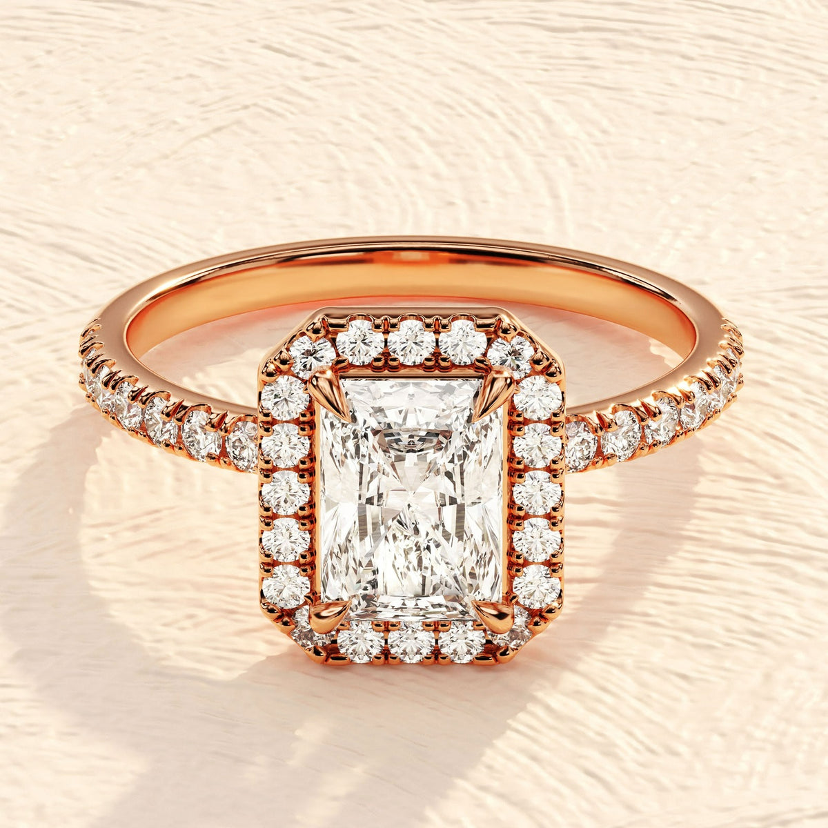 Solid Gold 4 CT Lab Grown Emerald Cut Halo Engagement Ring
