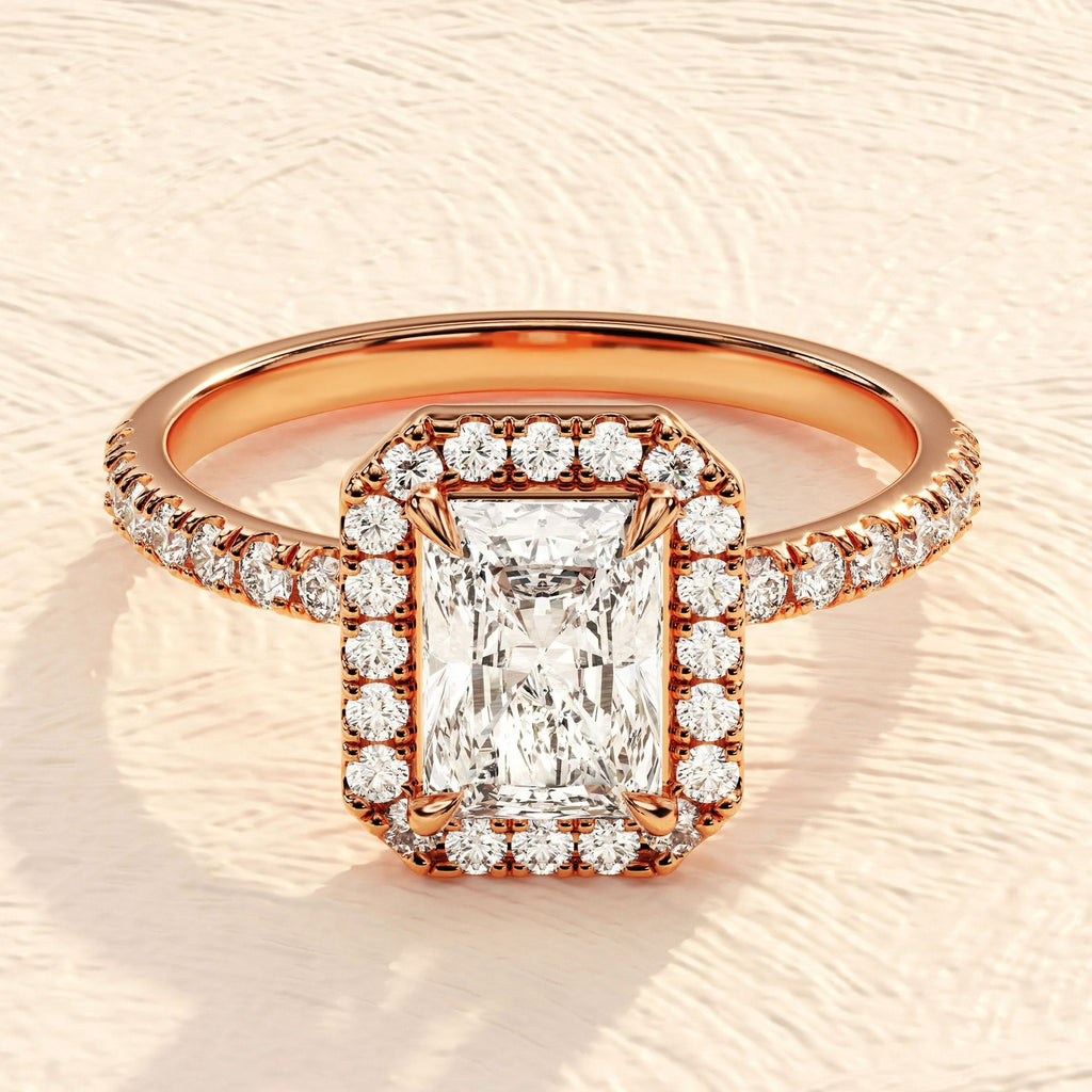 Solid Gold Lab Grown Emerald Cut Halo Engagement Ring