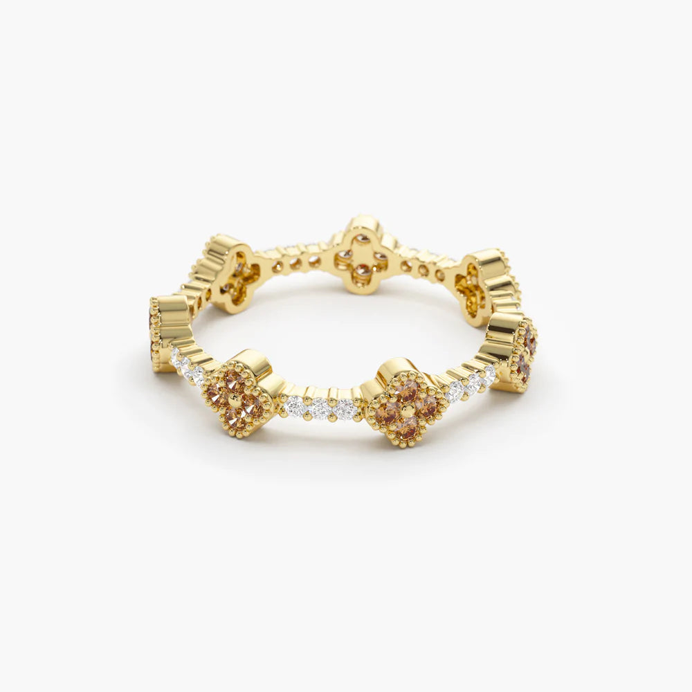 Solid Gold Full Eternity Clover Citrine and Diamond Ring
