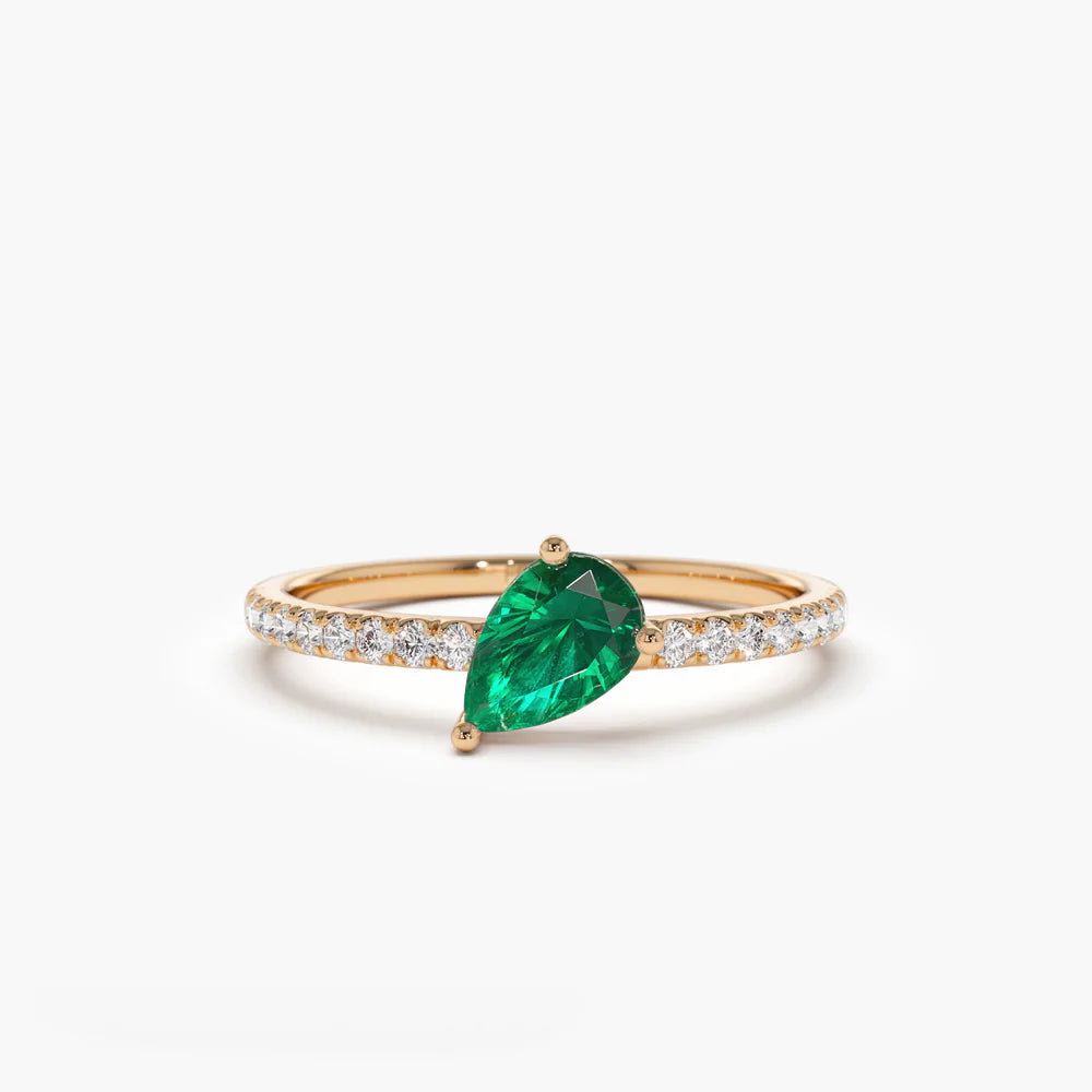 Solid Gold Slanted Pear Shape Emerald Ring with Pave Diamonds