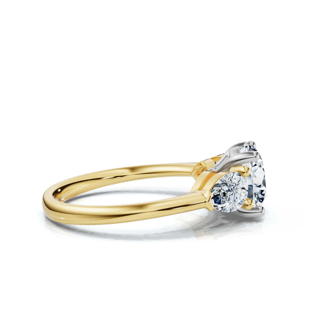 Solid Gold Three Stone Pear & Round Lab Grown Diamond Engagement Ring