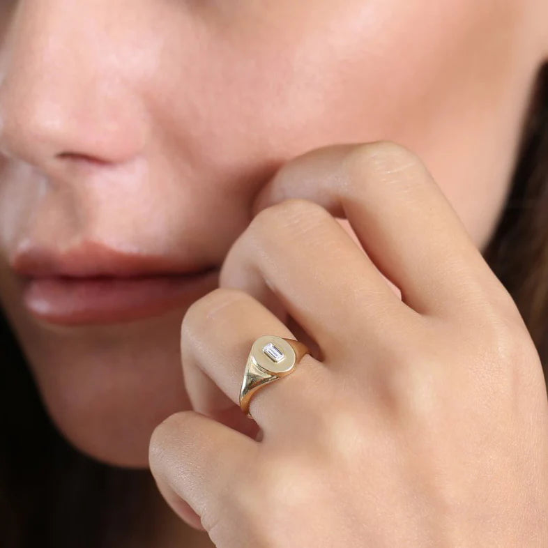 Solid Gold Baguette Diamond Signet Ring (C5F8F2)