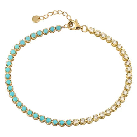 Solid Gold Half Turquoise And Diamond Tennis Bracelet