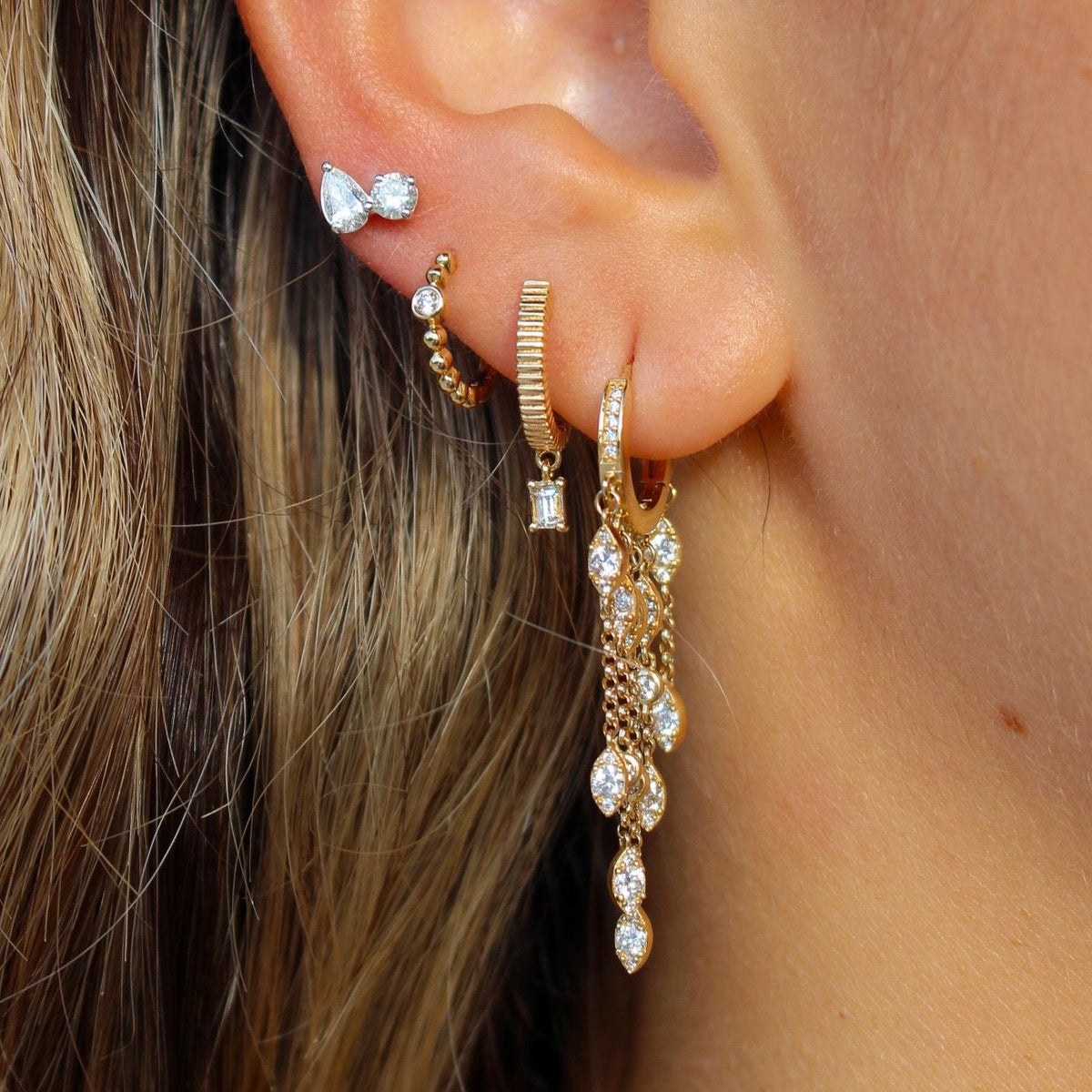 Solid Gold Ball Bezel Diamond Hoop Earring