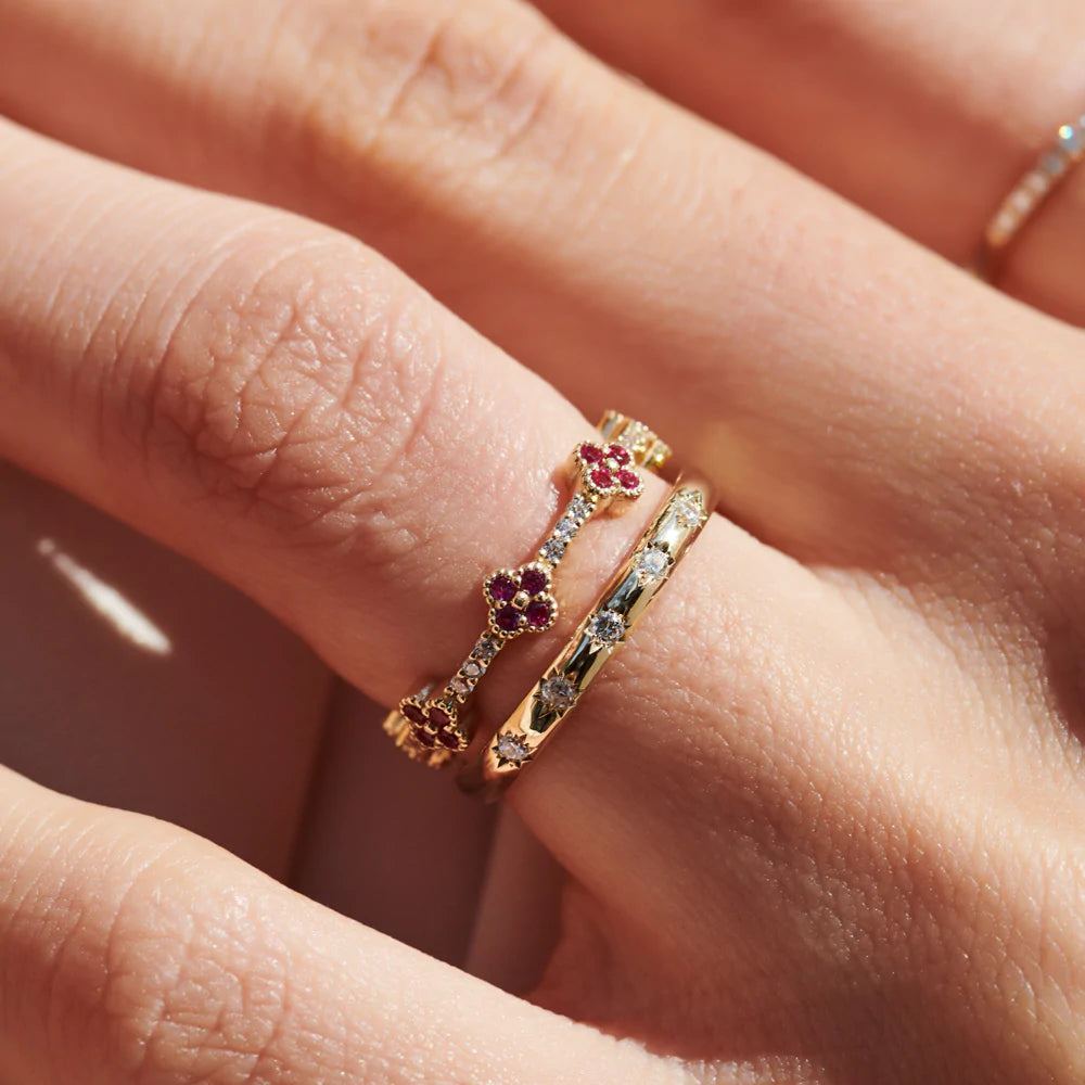 Solid Gold Full Eternity Clover Ruby and Diamond Ring