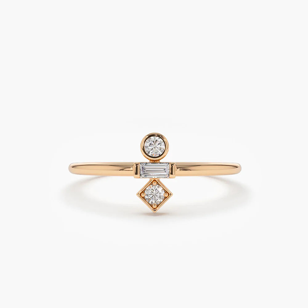 Solid Gold Baguette and Round Cut Diamond Ring