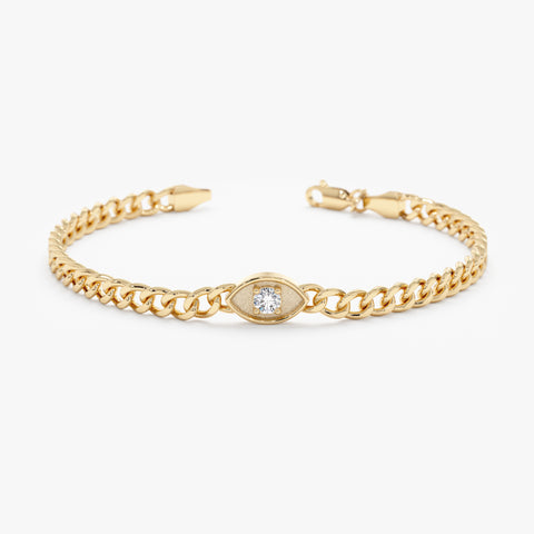 Solid Gold Bold Diamond Eye Cuban Chain Bracelet