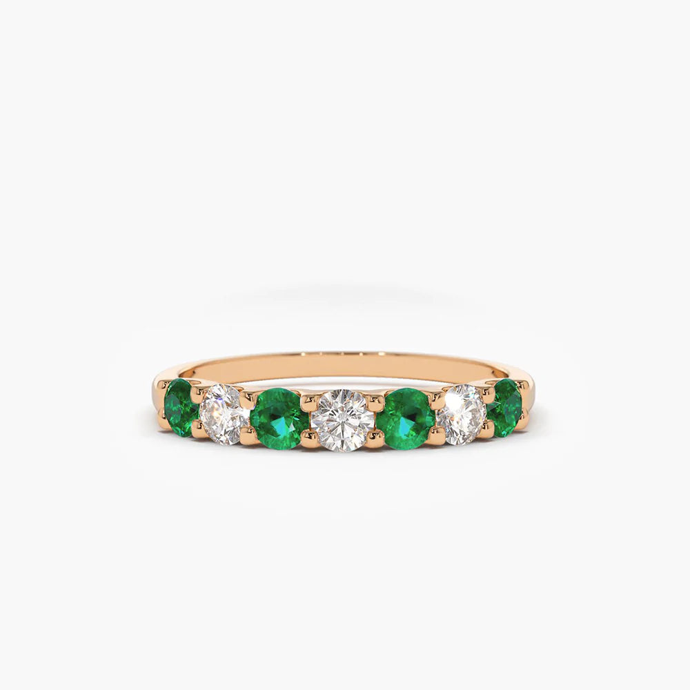 Solid Gold Alternating Emerald and Diamond Wedding Band