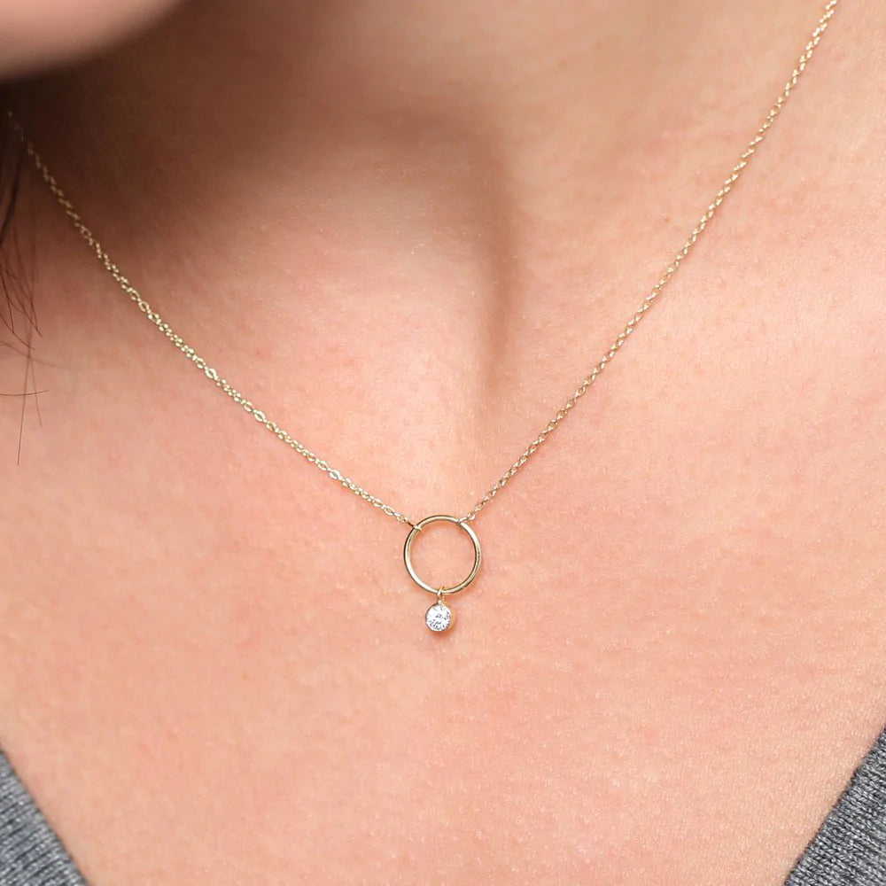 Solid Gold Circle Necklace with Bezel Set Diamond