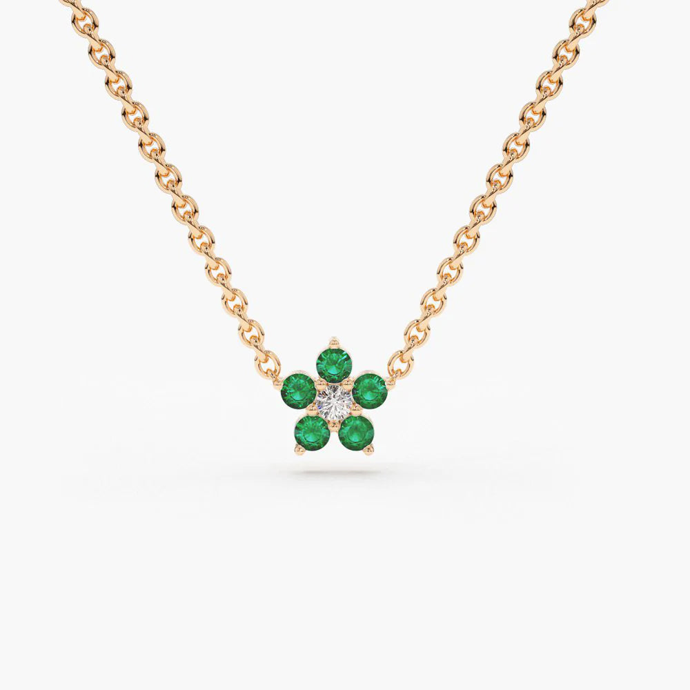 Solid Gold Emerald and Diamond Flower Charm Necklace