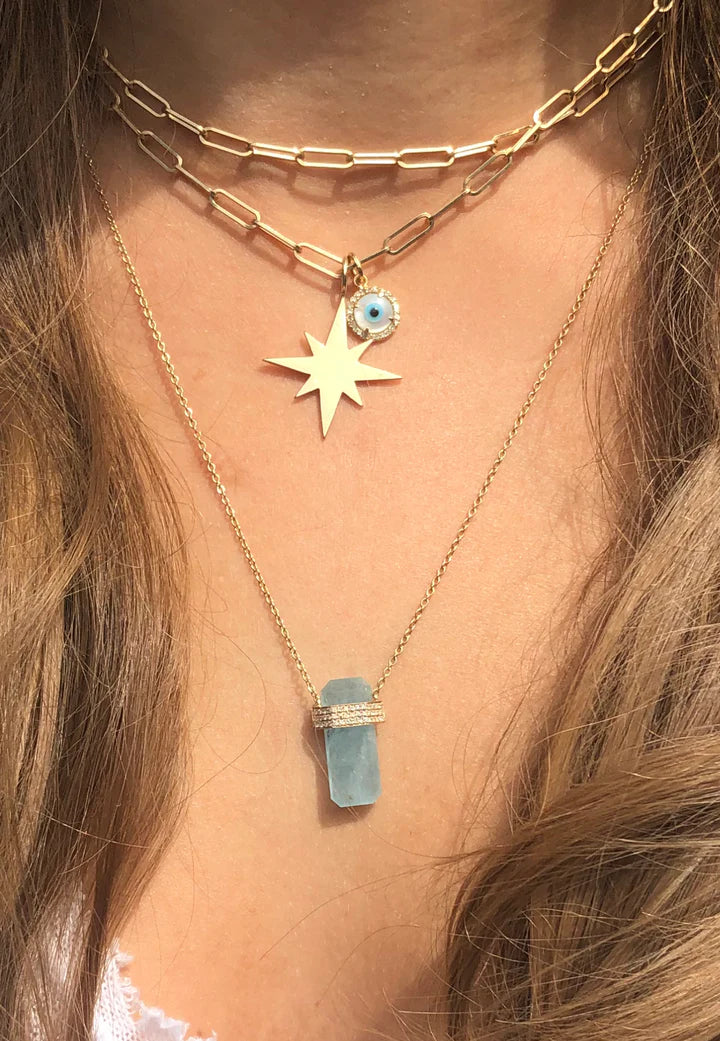 Solid Gold Aquamarine Crystal Necklace With Diamond