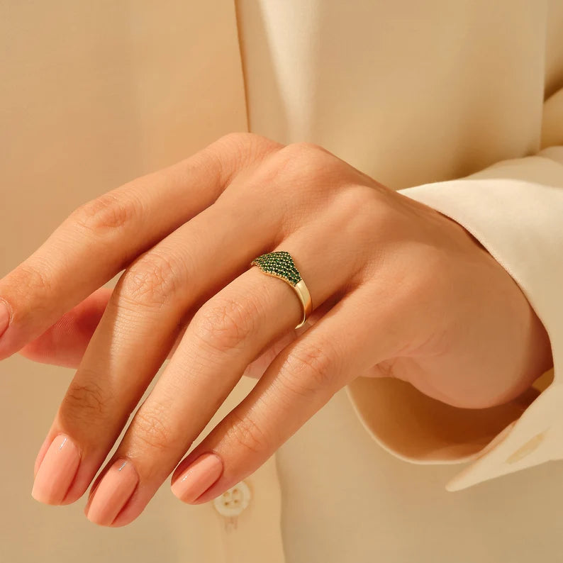 Solid Gold Emerald Flat Pave Signet Ring